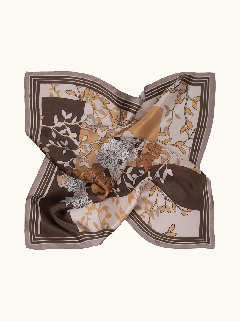Small silk gavroche scarf in caramel brown palette with floral motif 53cm x53cm image 1