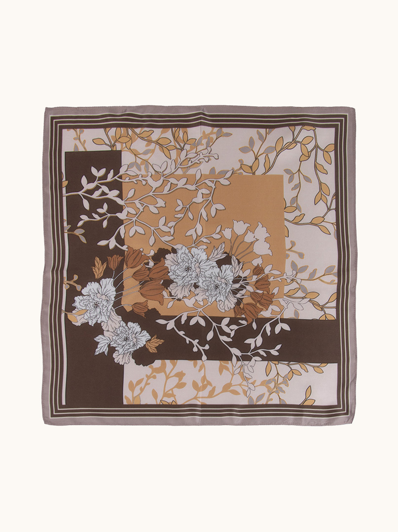 Small silk gavroche scarf in caramel brown palette with floral motif 53cm x53cm image 2