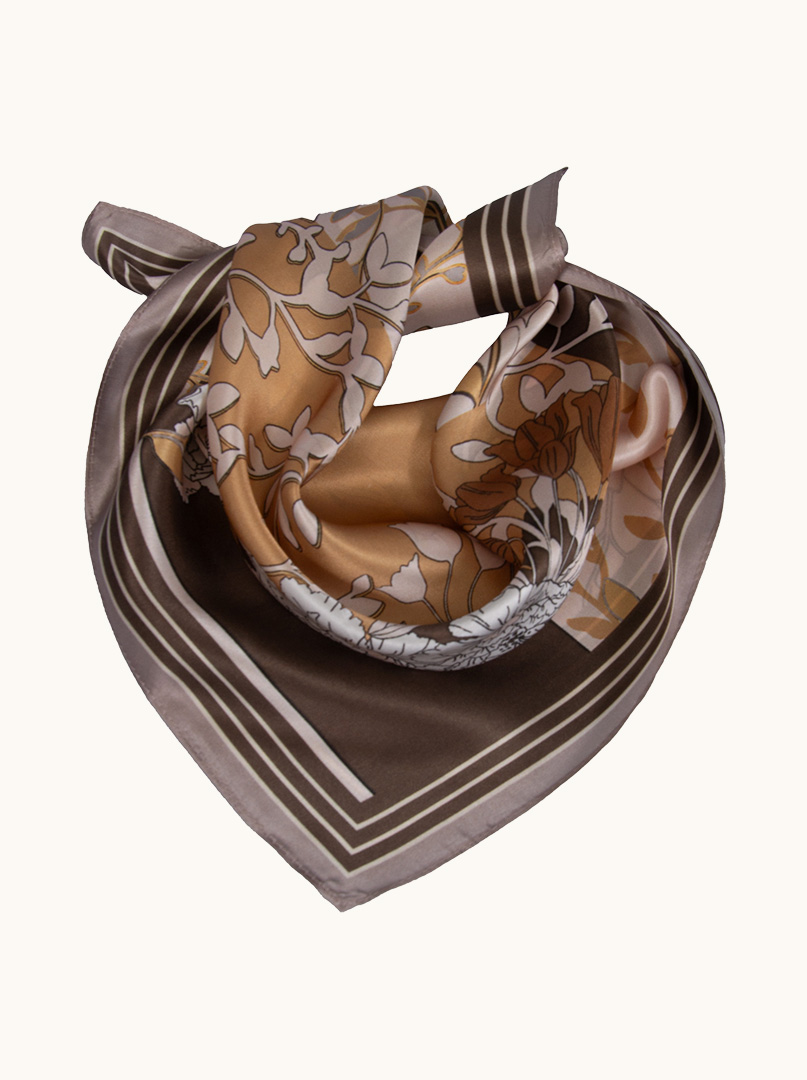 Small silk gavroche scarf in caramel brown palette with floral motif 53cm x53cm image 3