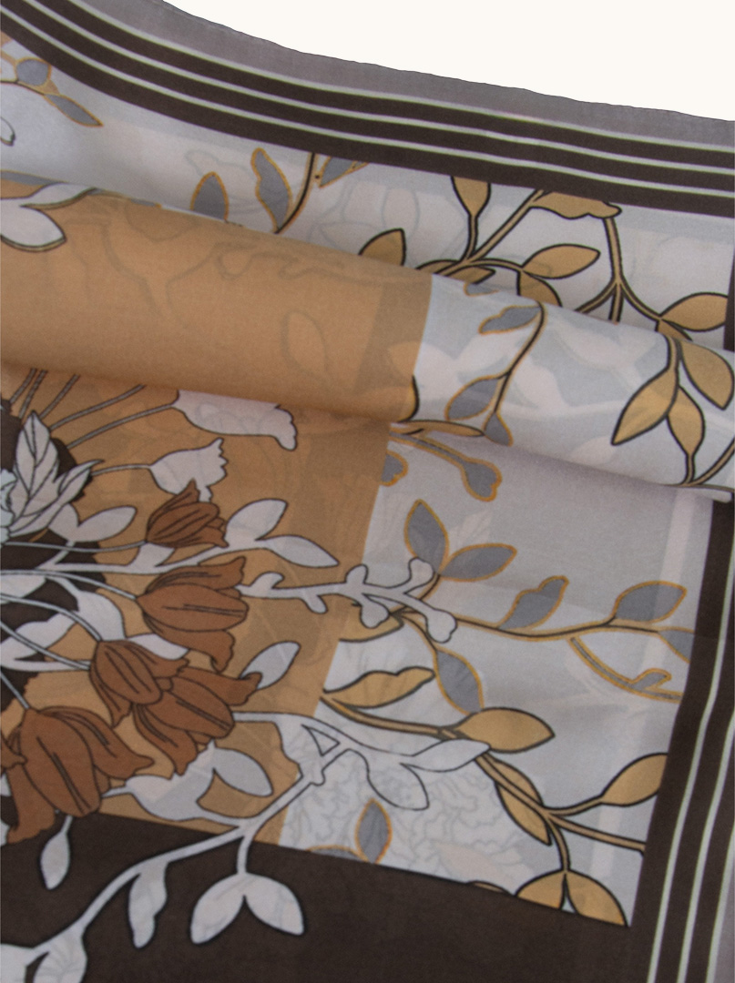 Small silk gavroche scarf in caramel brown palette with floral motif 53cm x53cm image 4