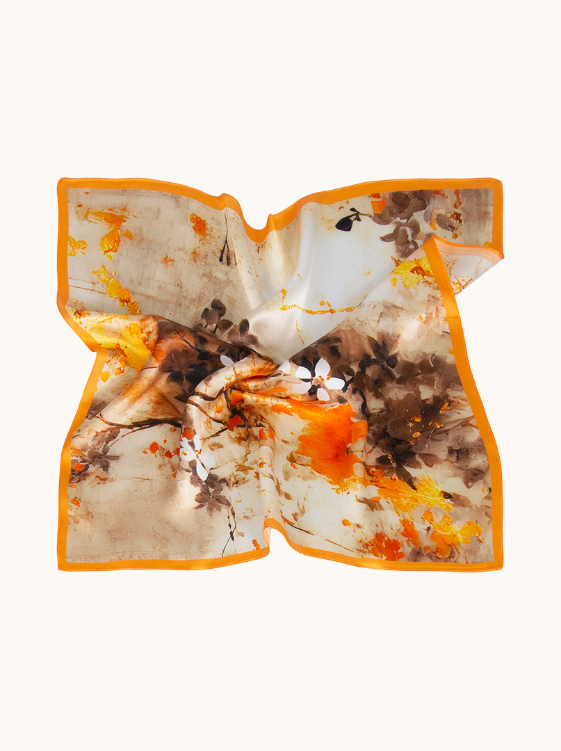 Small silk gavroche scarf in shades of caramel and orange 53cm x53cm image 3