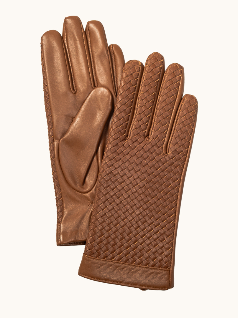 Caramel leather gloves with a woven structure, insulated with wool M image 1