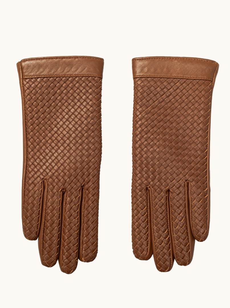 Caramel leather gloves with a woven structure, insulated with wool M image 2