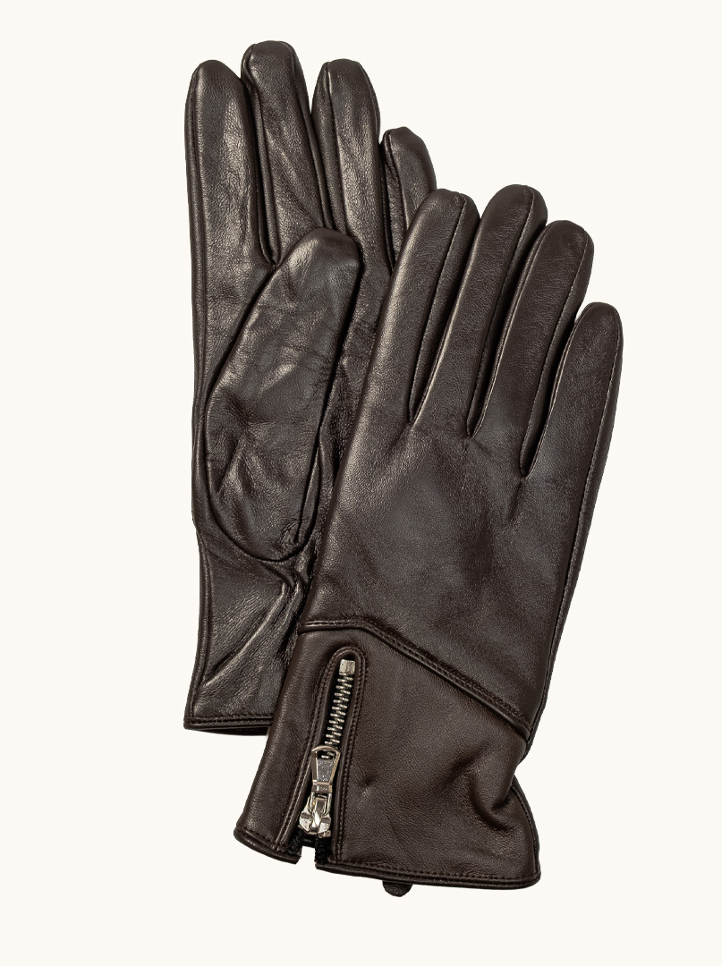 Dark brown leather gloves with zipper, insulated with wool, size L image 1