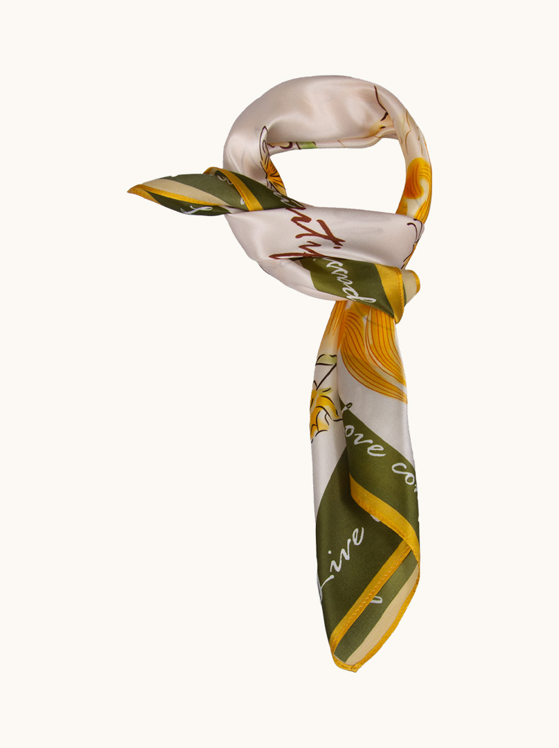 Yellow-green silk scarf with flowers 70 cm x 70 cm image 1