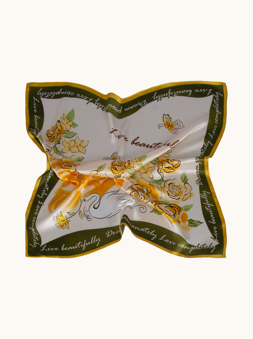 Yellow-green silk scarf with flowers 70 cm x 70 cm image 2