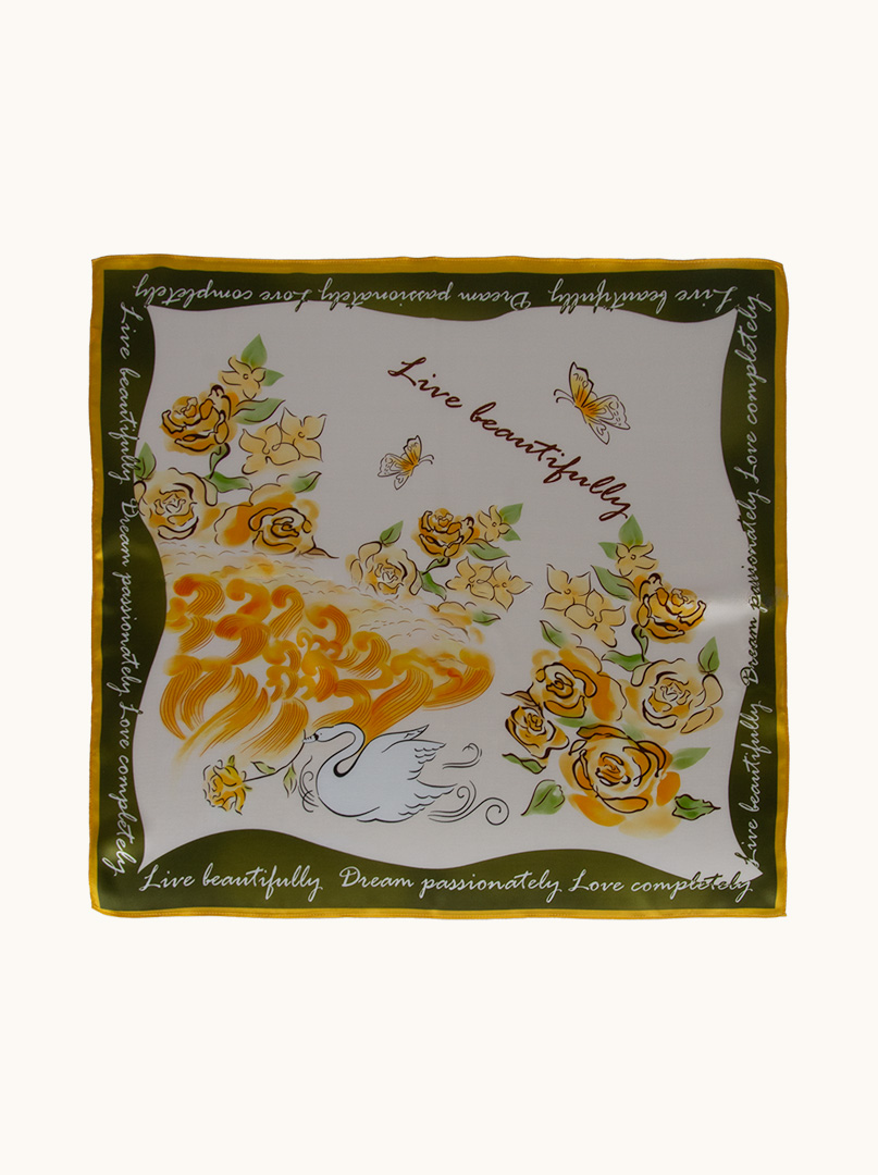 Yellow-green silk scarf with flowers 70 cm x 70 cm image 3