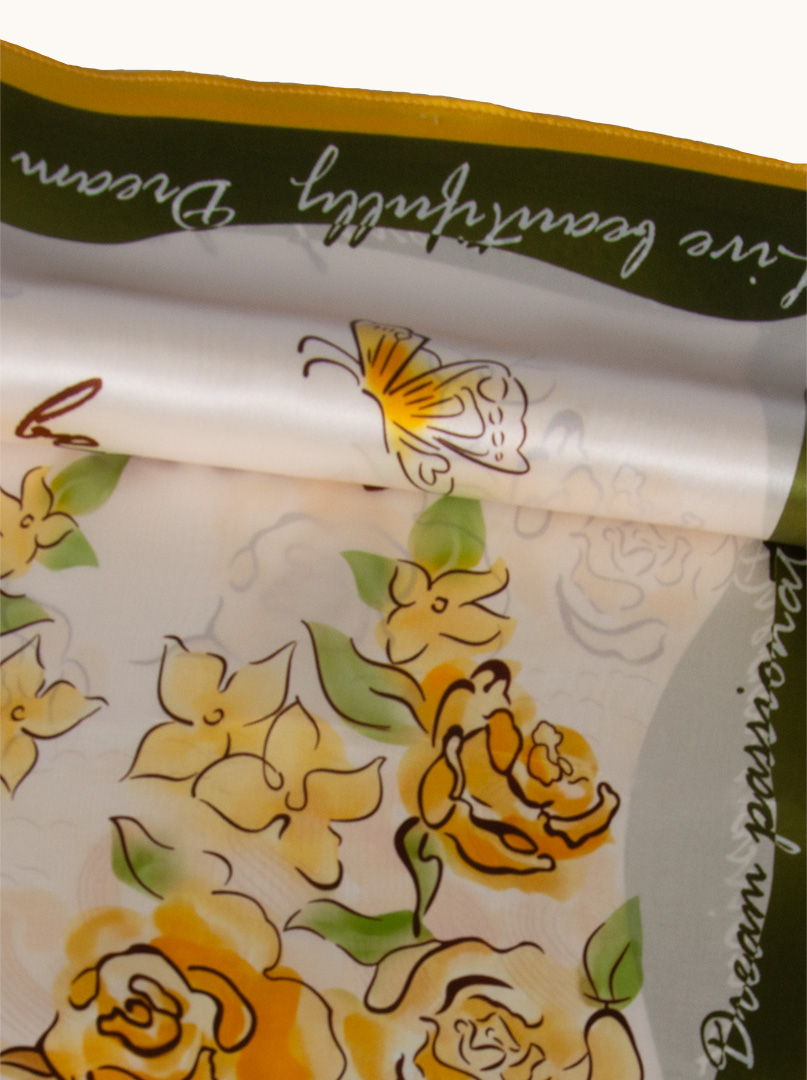 Yellow-green silk scarf with flowers 70 cm x 70 cm image 4