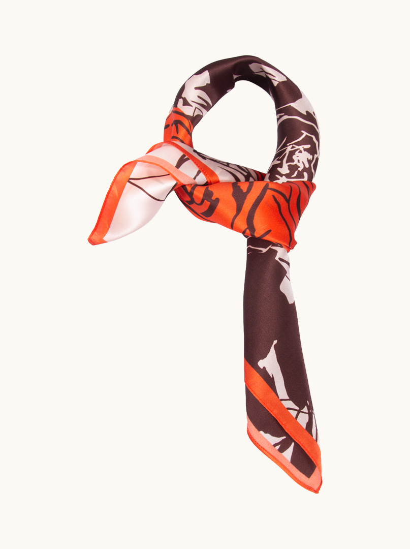 Red and brown silk scarf with rose motif 65 cm x 65 cm image 4