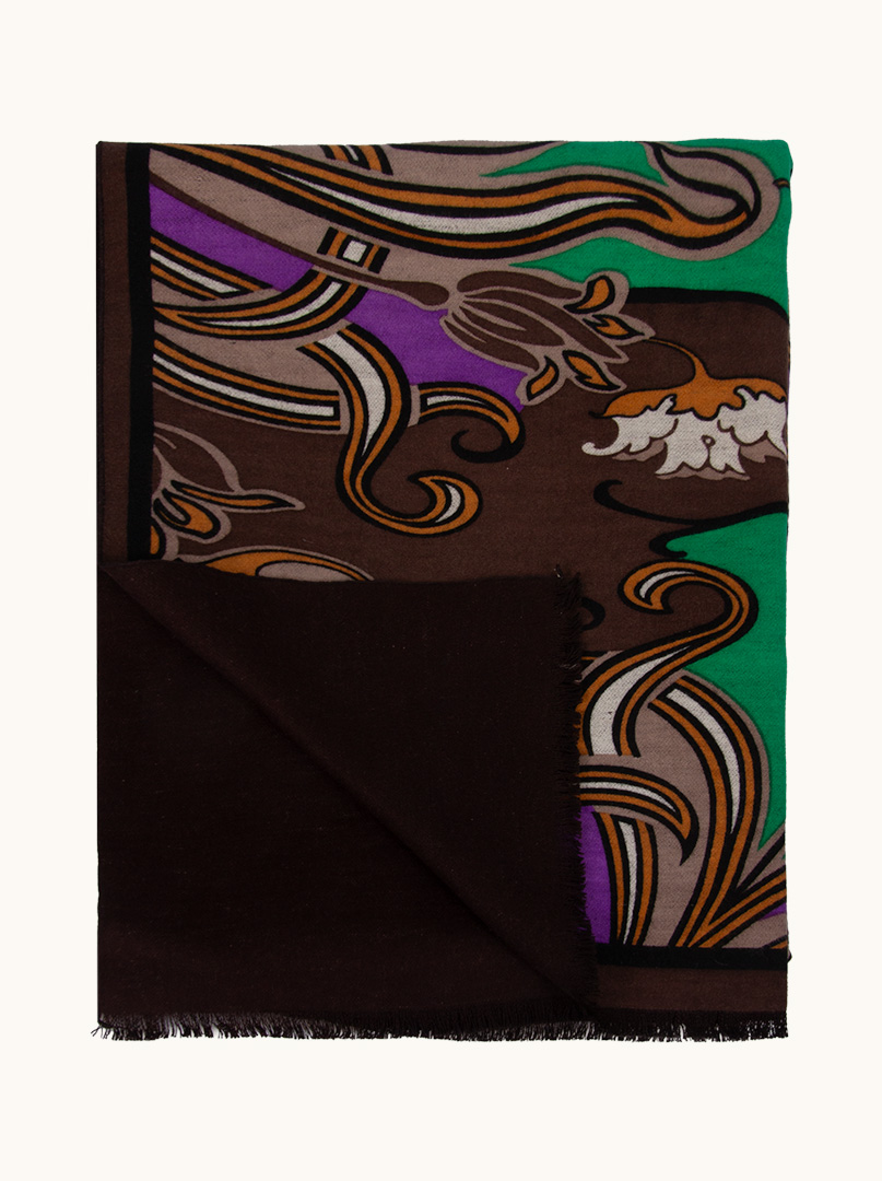 Warm silk scarf, double-sided, brown with a green oriental pattern, 65cm x 200cm image 2