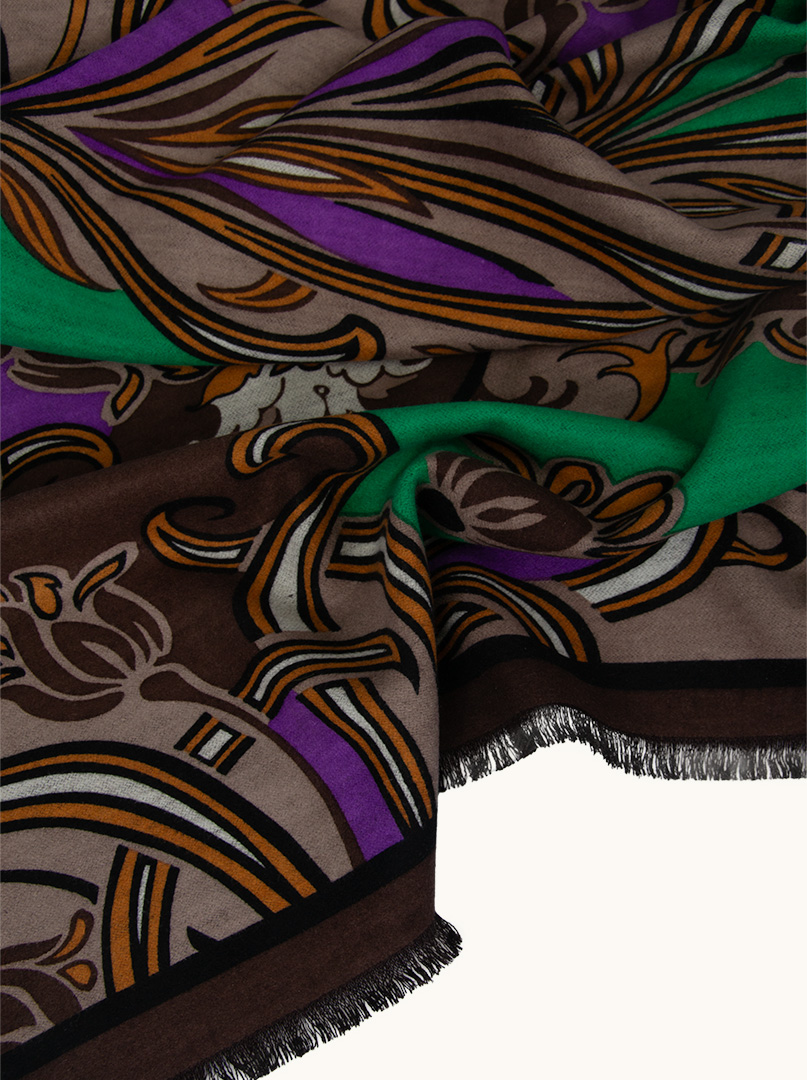 Warm silk scarf, double-sided, brown with a green oriental pattern, 65cm x 200cm image 3