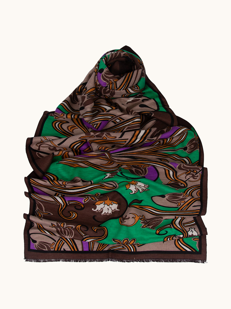 Warm silk scarf, double-sided, brown with a green oriental pattern, 65cm x 200cm image 1