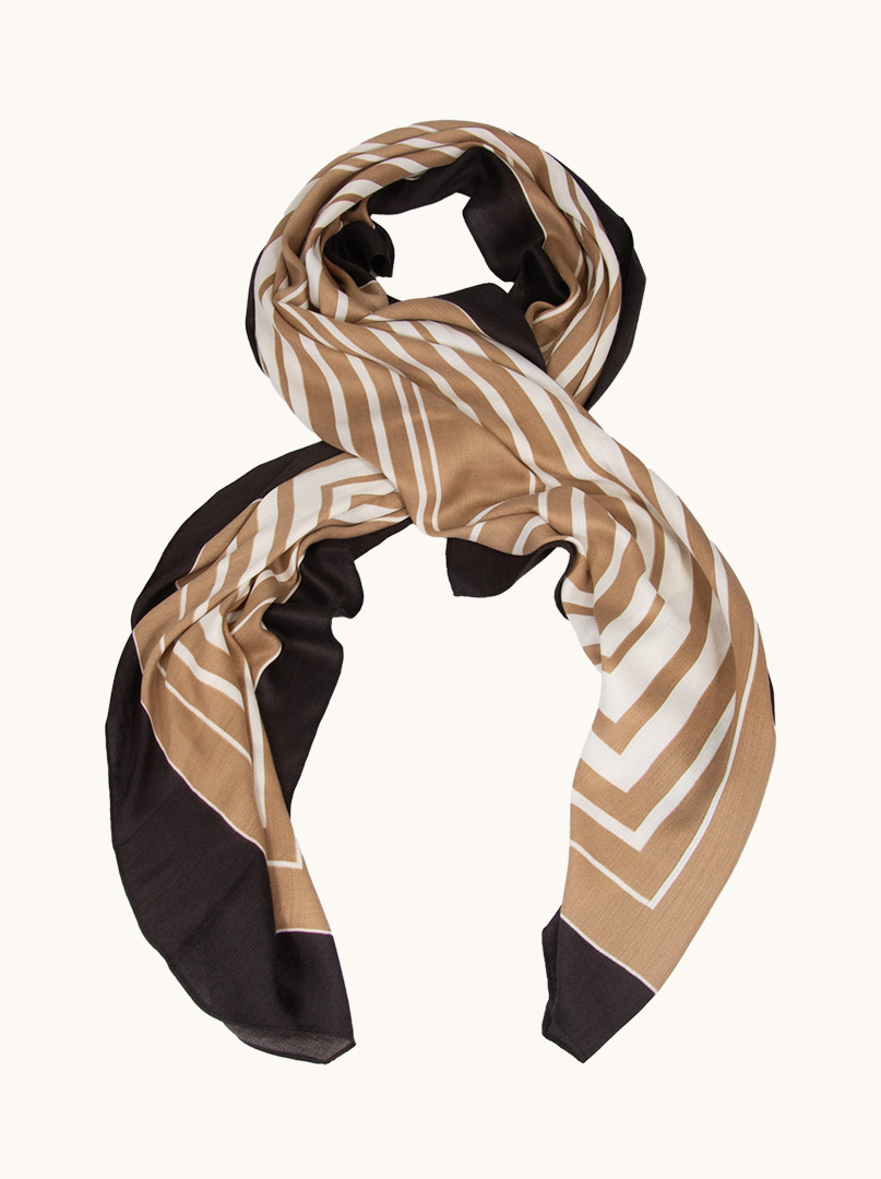 Light beige and white scarf with brown border in a geometric pattern 65cm x 180cm image 1