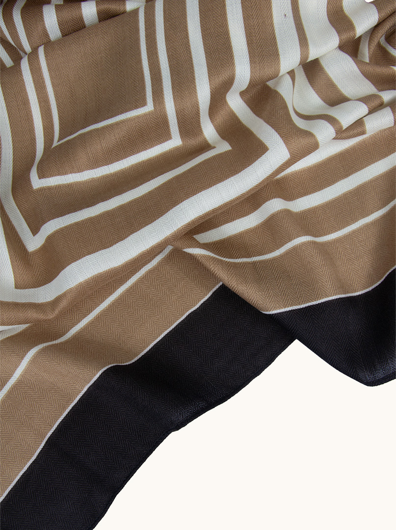 Light beige and white scarf with brown border in a geometric pattern 65cm x 180cm image 2