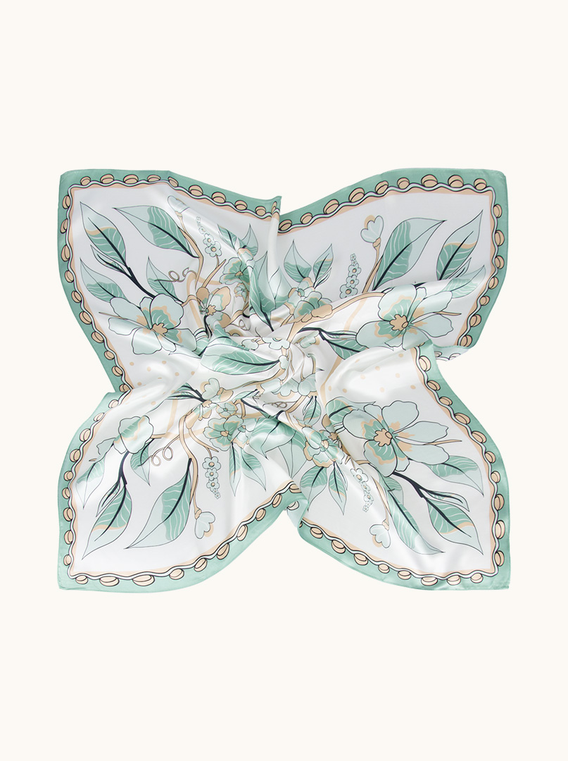 Large silk scarf with pattern of mint leaves and flowers 90cm x 90cm image 4