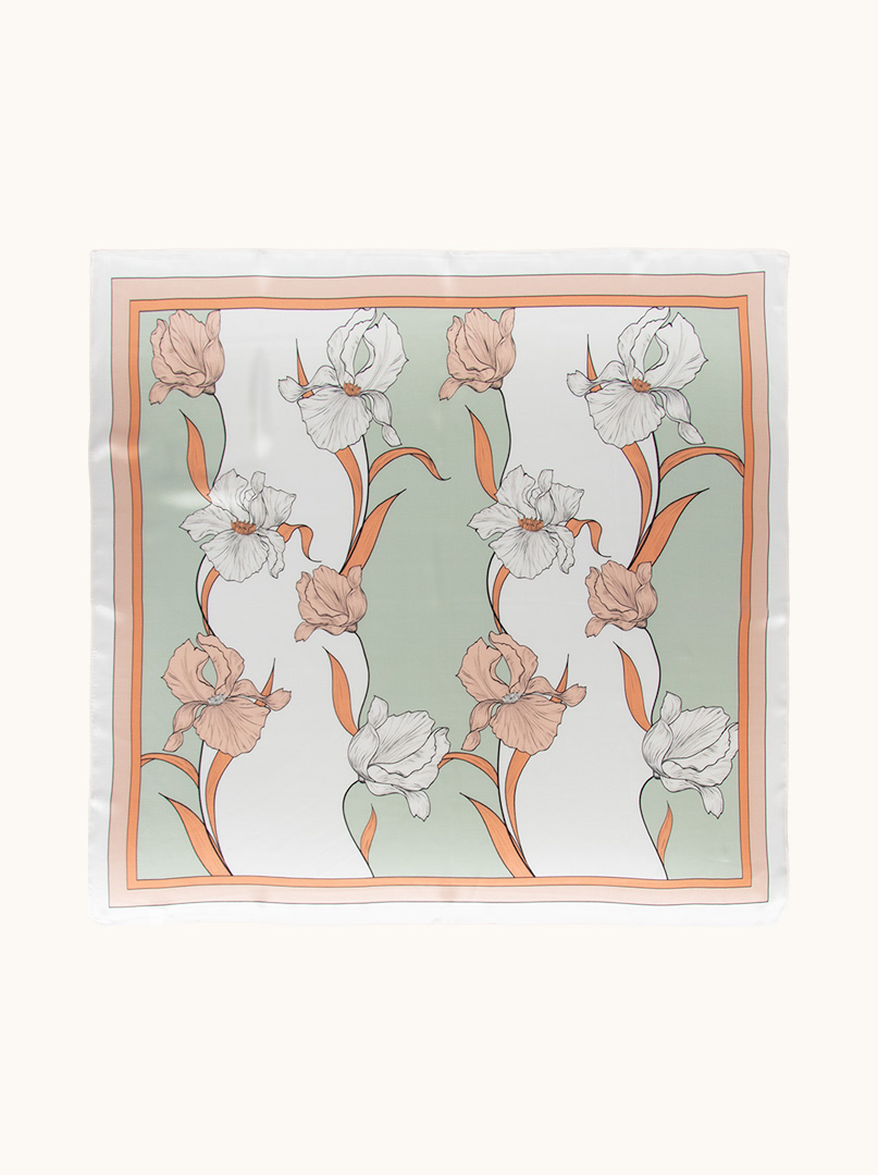 Large silk scarf with iris motif mint and salmon 88x88 cm image 2