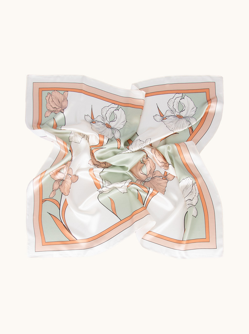 Large silk scarf with iris motif mint and salmon 88x88 cm image 4