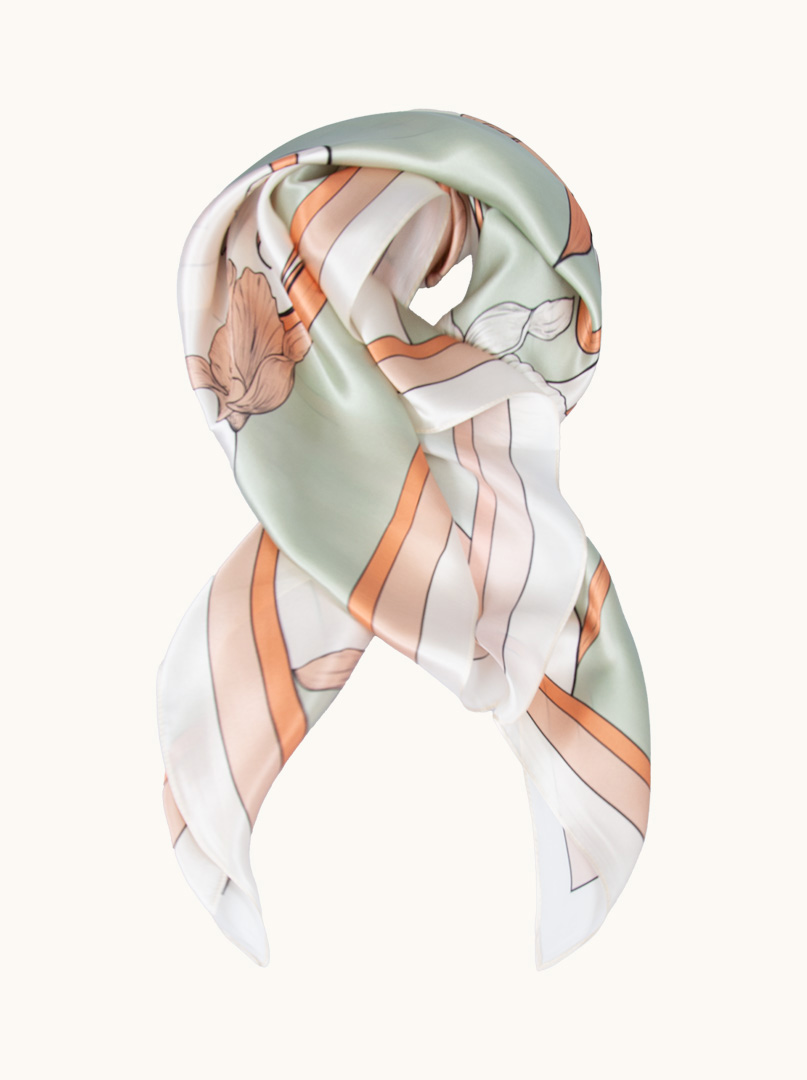 Large silk scarf with iris motif mint and salmon 88x88 cm image 1