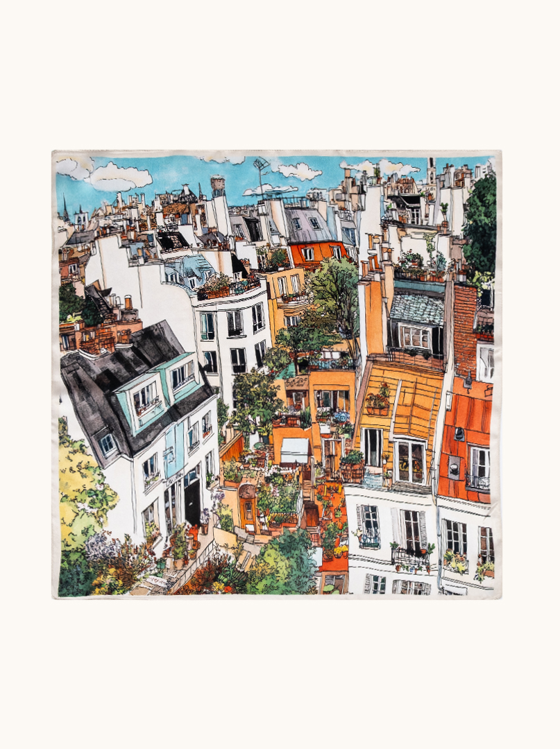 Small silk women's scarf with city motif, 53 cm x 53 cm image 2