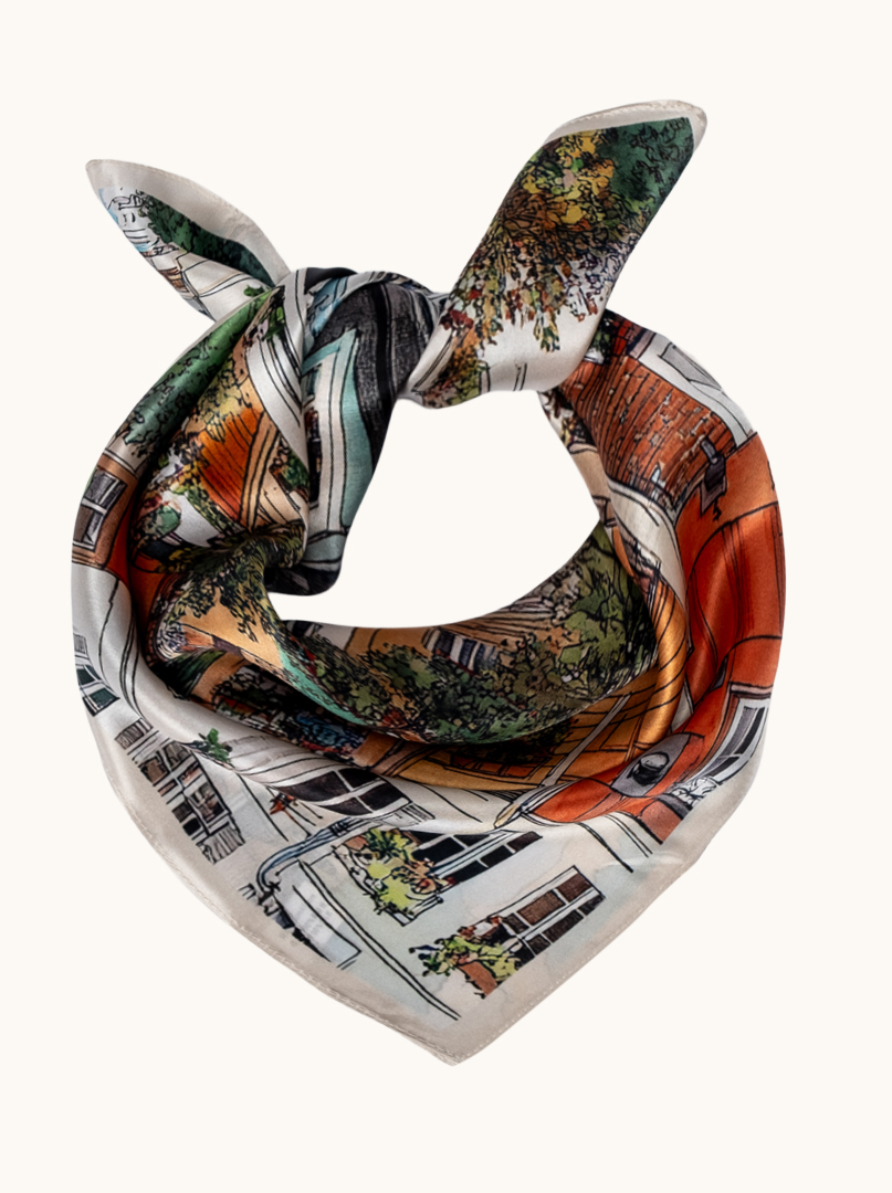 Small silk women's scarf with city motif, 53 cm x 53 cm image 1