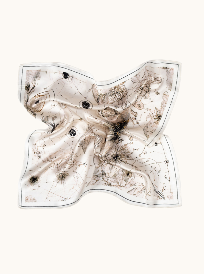 Small beige silk scarf with floral pattern, 53 cm x 53 cm image 3