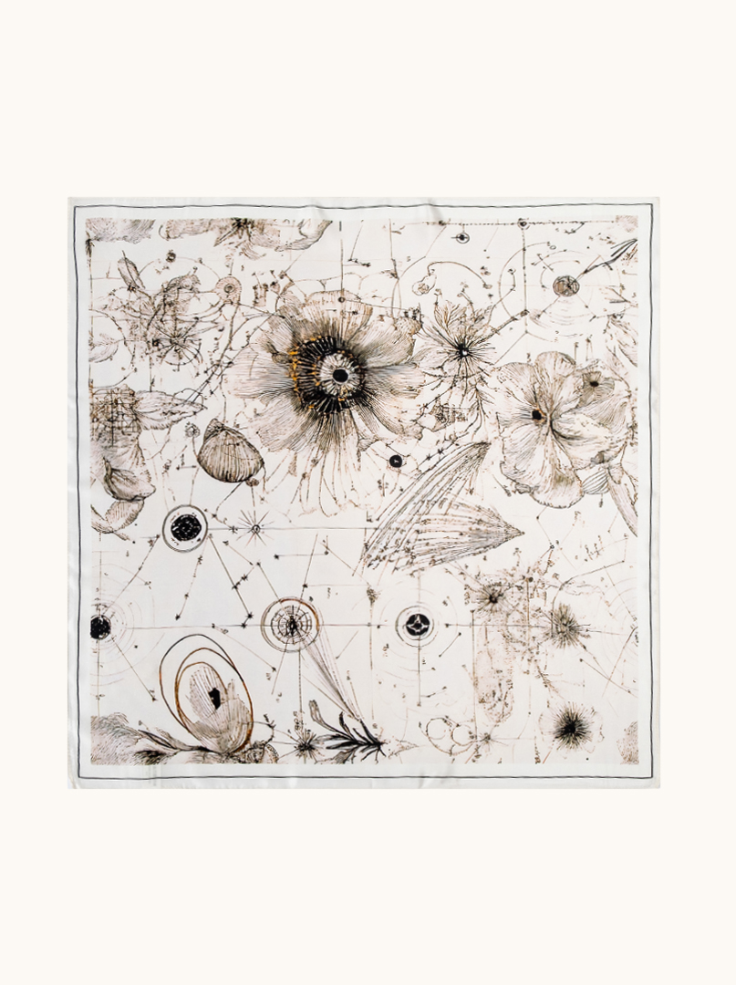 Small beige silk scarf with floral pattern, 53 cm x 53 cm image 2