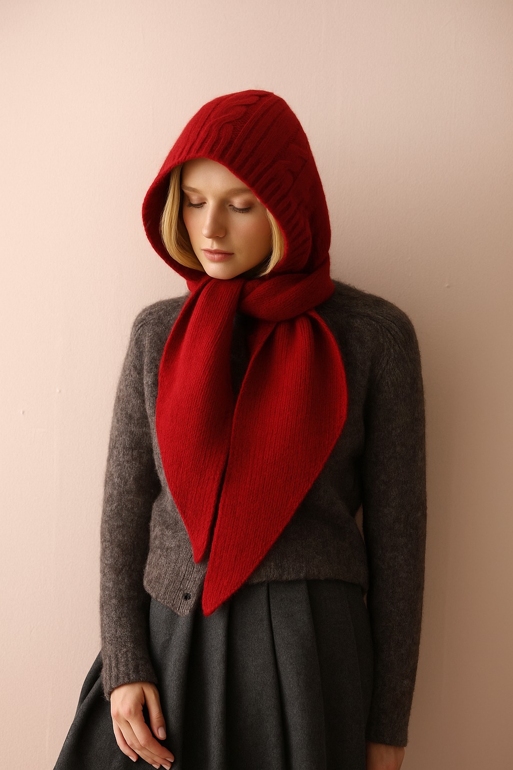 Red hoodie with long wool scarf image 2