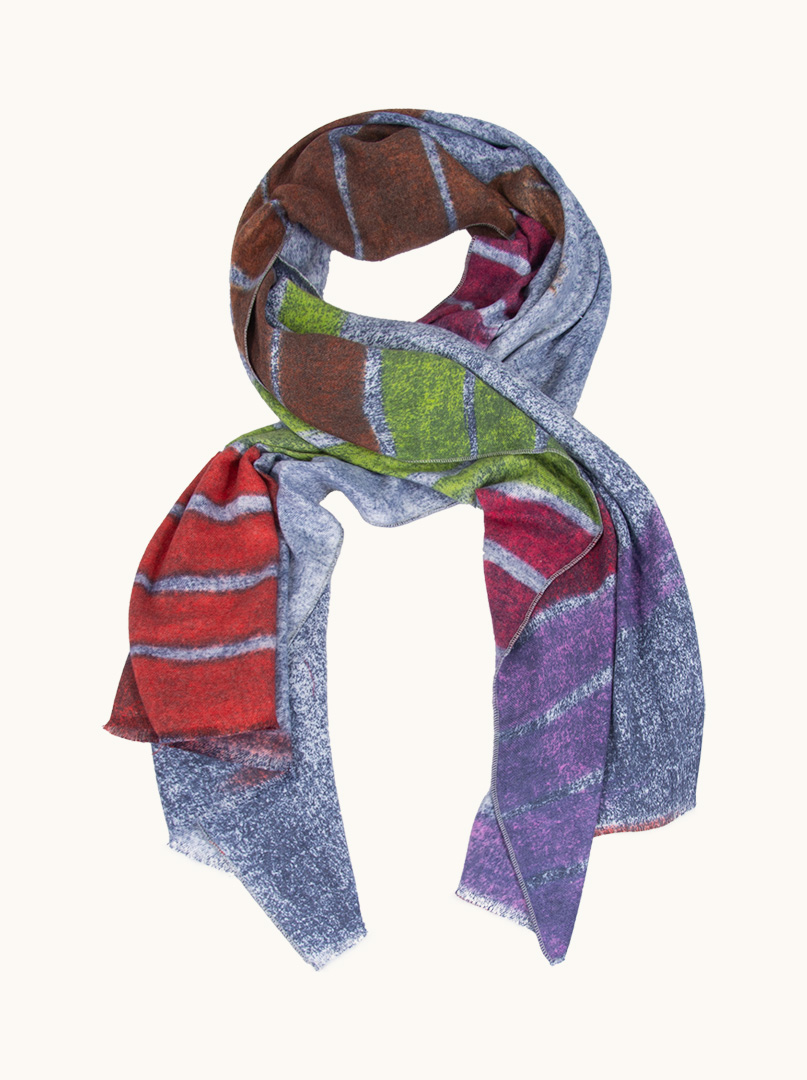 Blue warm scarf with wool in colorful stripes 70 cm x 190 cm. image 1