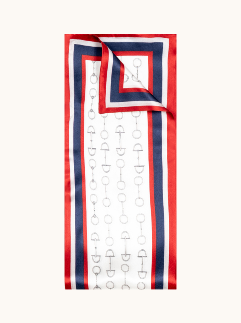 Equestrian style red and navy blue silk shawl with harness motif 16cm x 145cm image 2