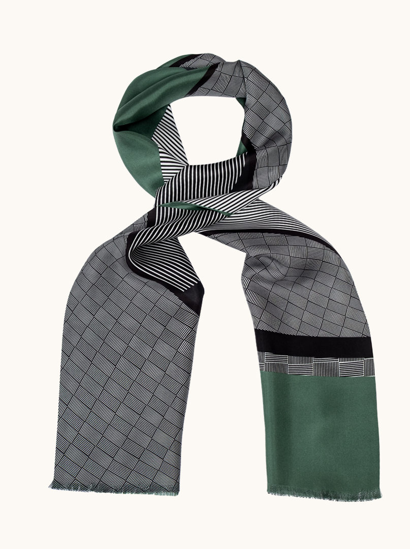 Exclusive green silk scarf with geometric patterns, 25 cm x 160 cm image 1