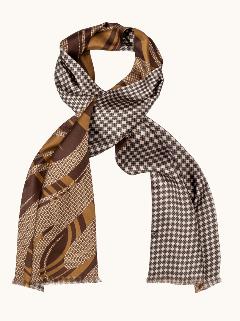 Exclusive brown silk scarf with geometric patterns, 25 cm x 160 cm image 1