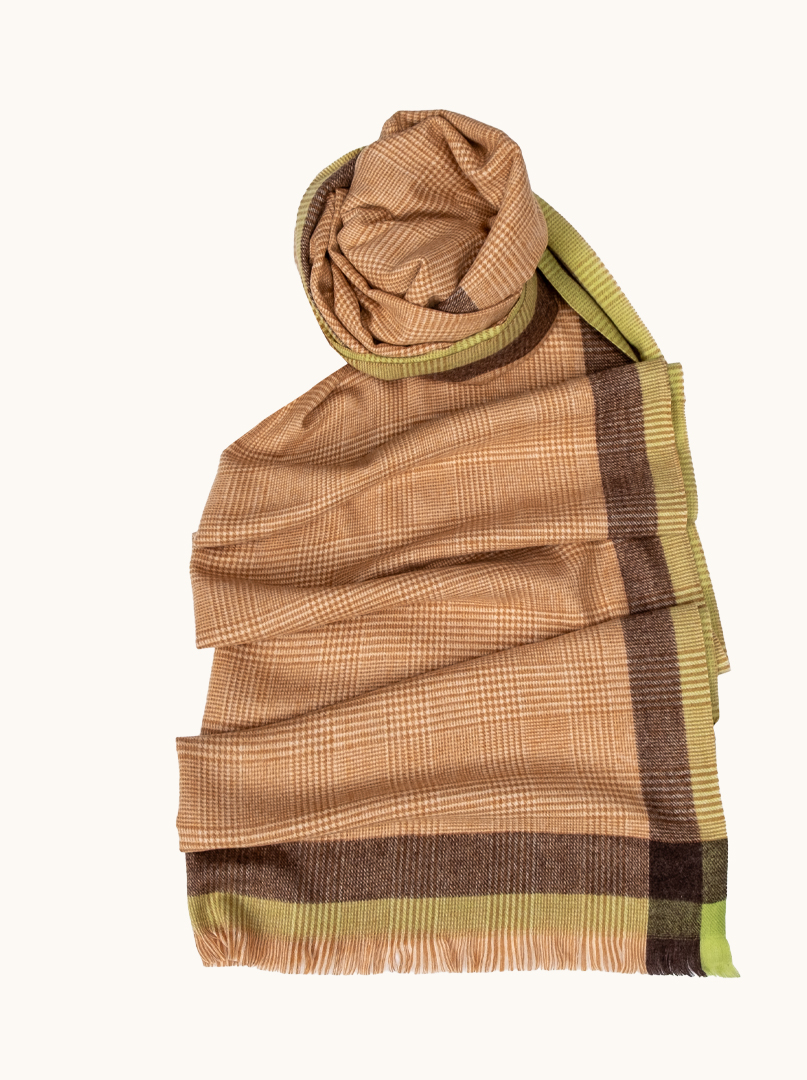 Warm scarf with viscose in brown and lime accents, 75 cm x 200 cm image 1
