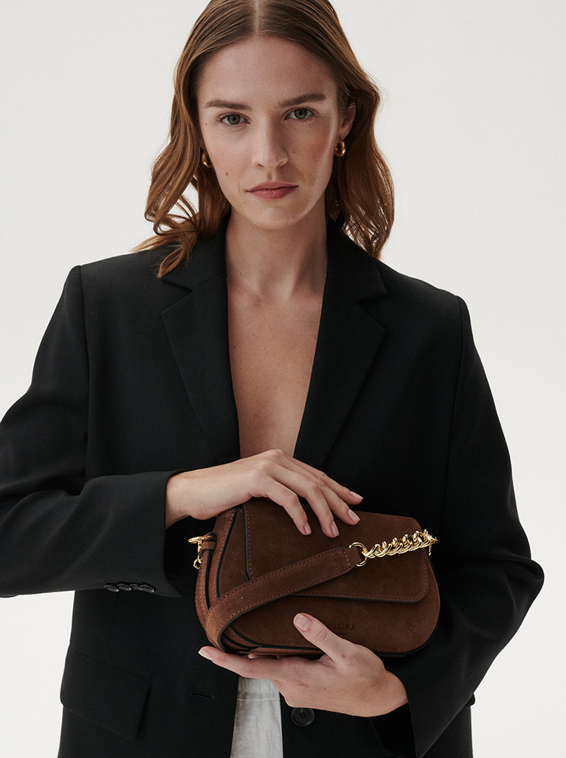 Allora suede baguette bag with chain - brown shoulder bag image 2