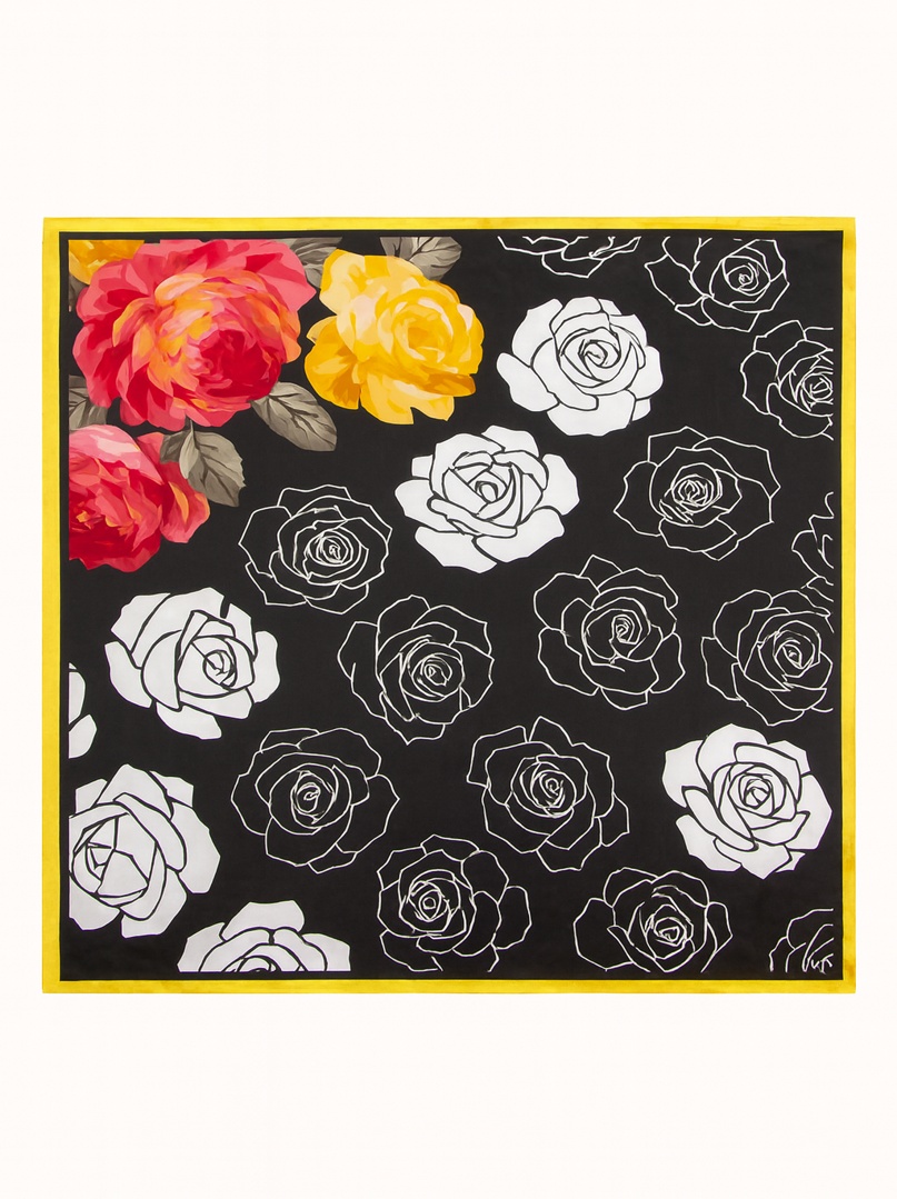 Large silk scarf with white flowers with yellow border 88cm x88cm image 2