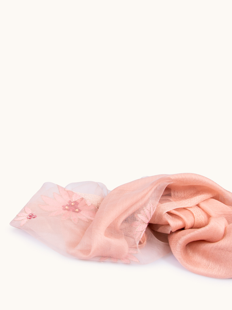 Silk and wool evening shawl - powder pink with floral embroidery and gold thread 70cm x180 cm image 3
