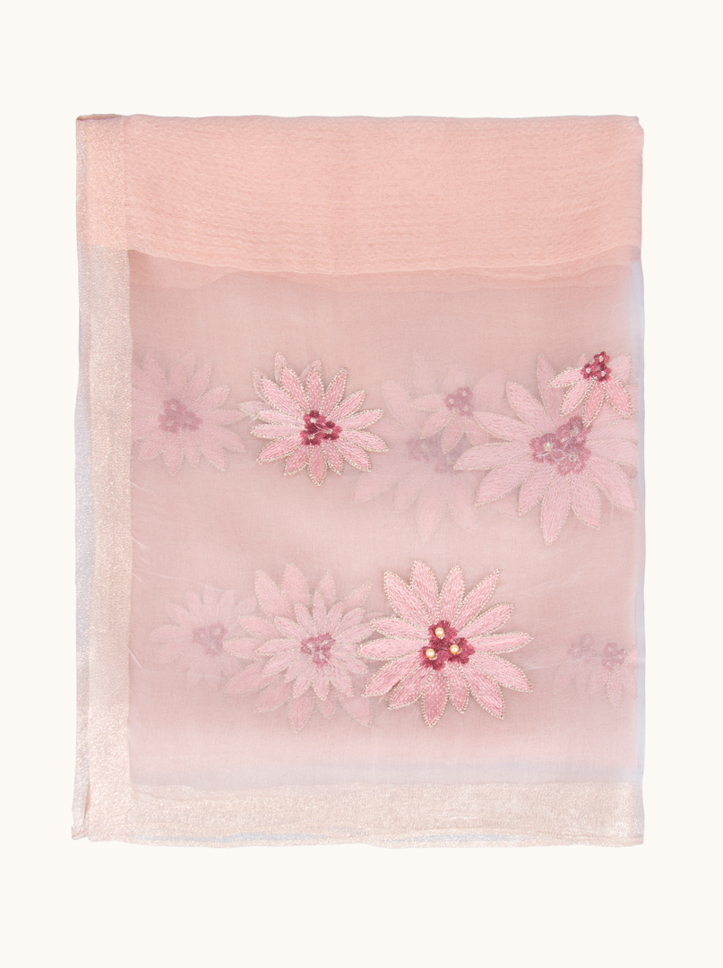Silk and wool evening shawl - powder pink with floral embroidery and gold thread 70cm x180 cm image 2
