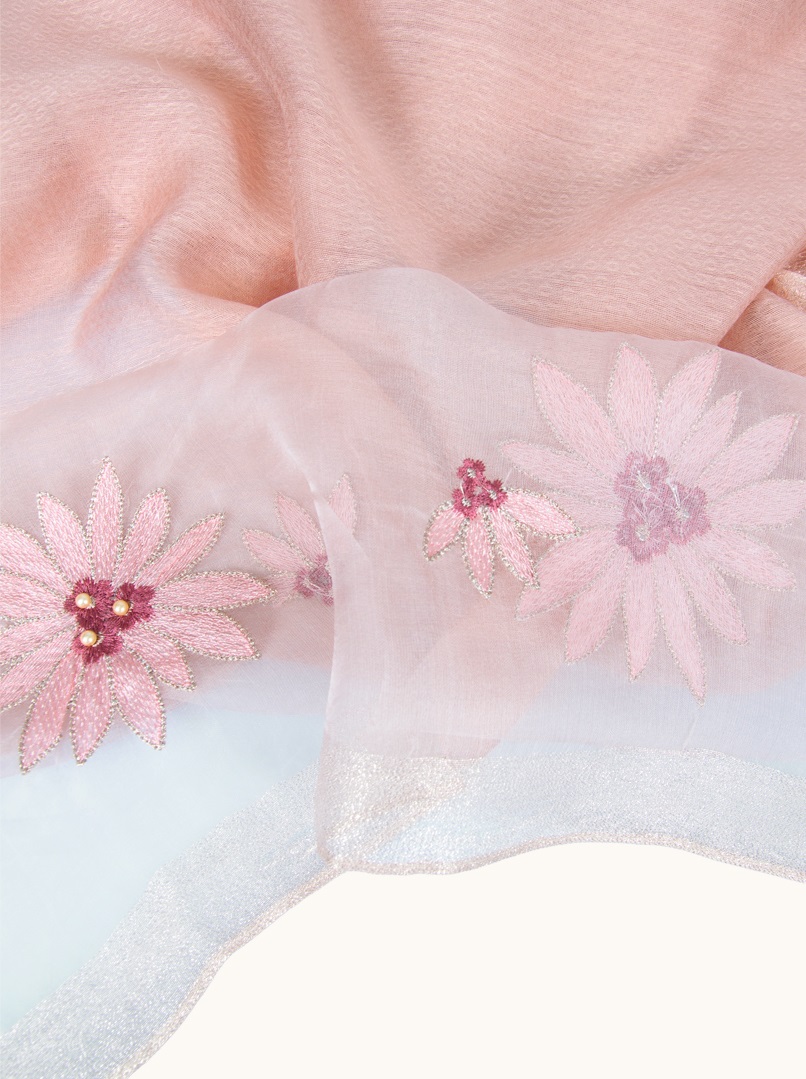 Silk and wool evening shawl - powder pink with floral embroidery and gold thread 70cm x180 cm image 4