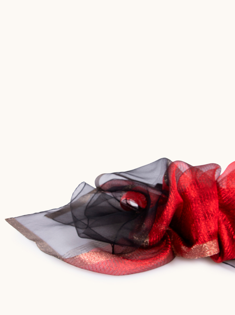 Red and black silk and wool evening shawl with metallic thread 75cm x200cm image 4