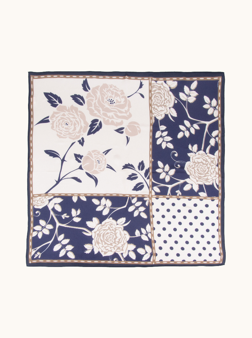 Medium navy blue and beige mulberry silk scarf with floral pattern 65cm x65cm image 3