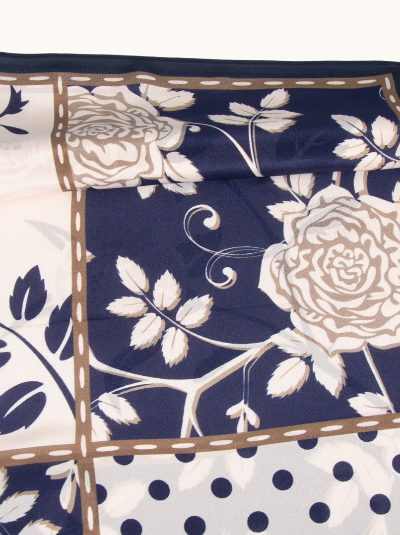 Medium navy blue and beige mulberry silk scarf with floral pattern 65cm x65cm image 4