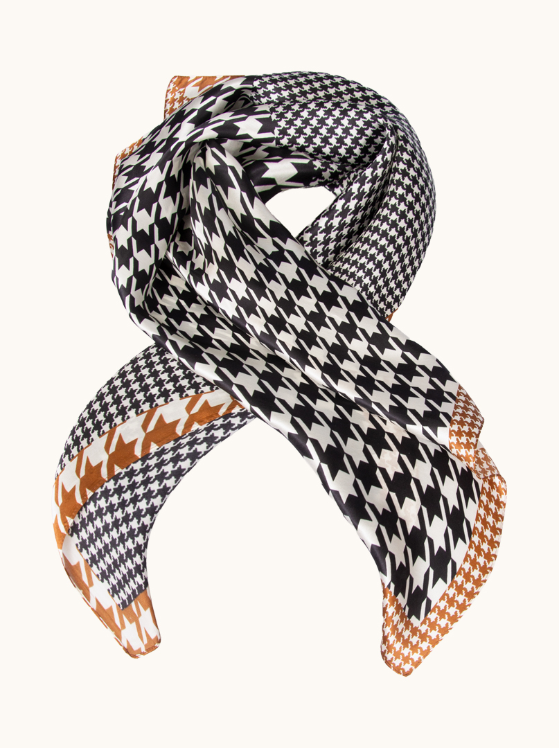 Large black and white peplite silk scarf with caramel border 88cm x88cm image 1