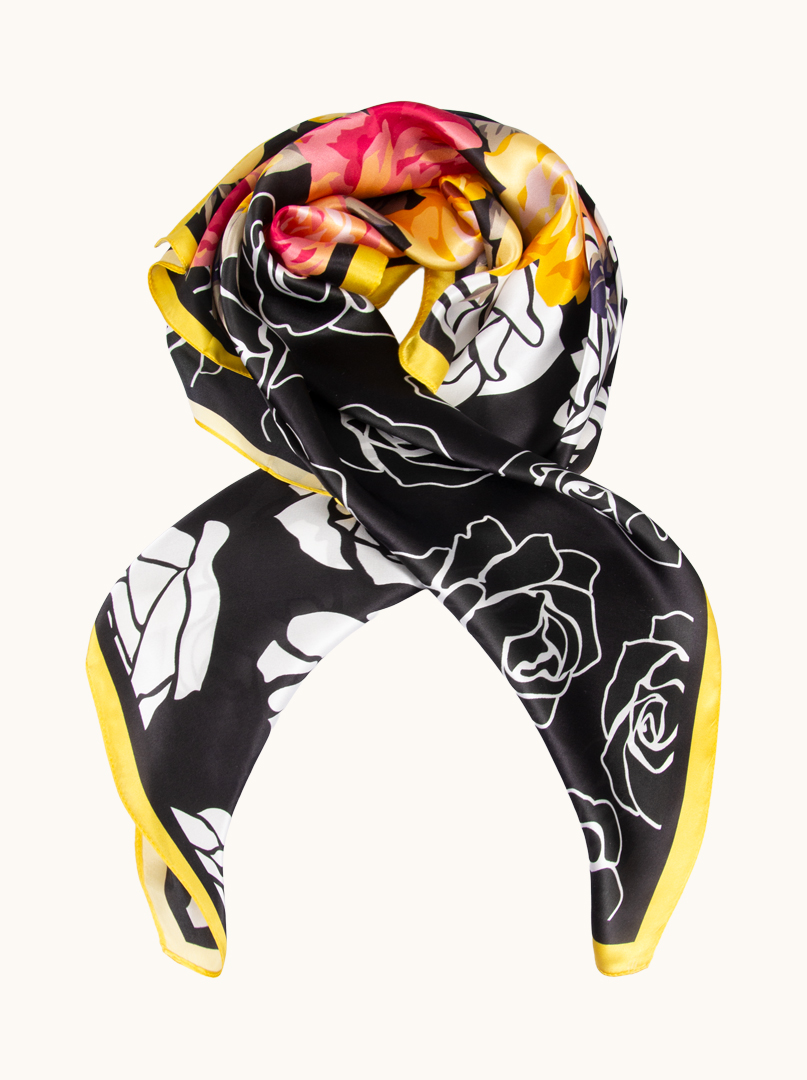 Large silk scarf with white flowers with yellow border 88cm x88cm image 1