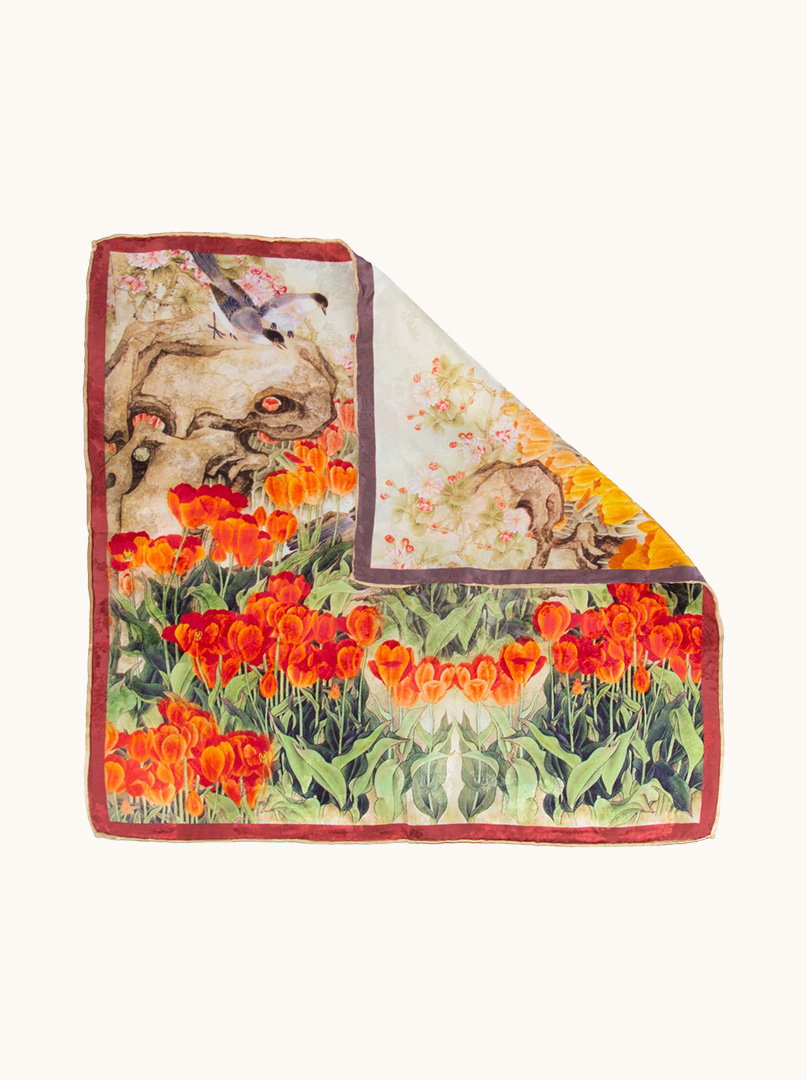 Double-sided silk scarf with tulips and oriental motif image 1
