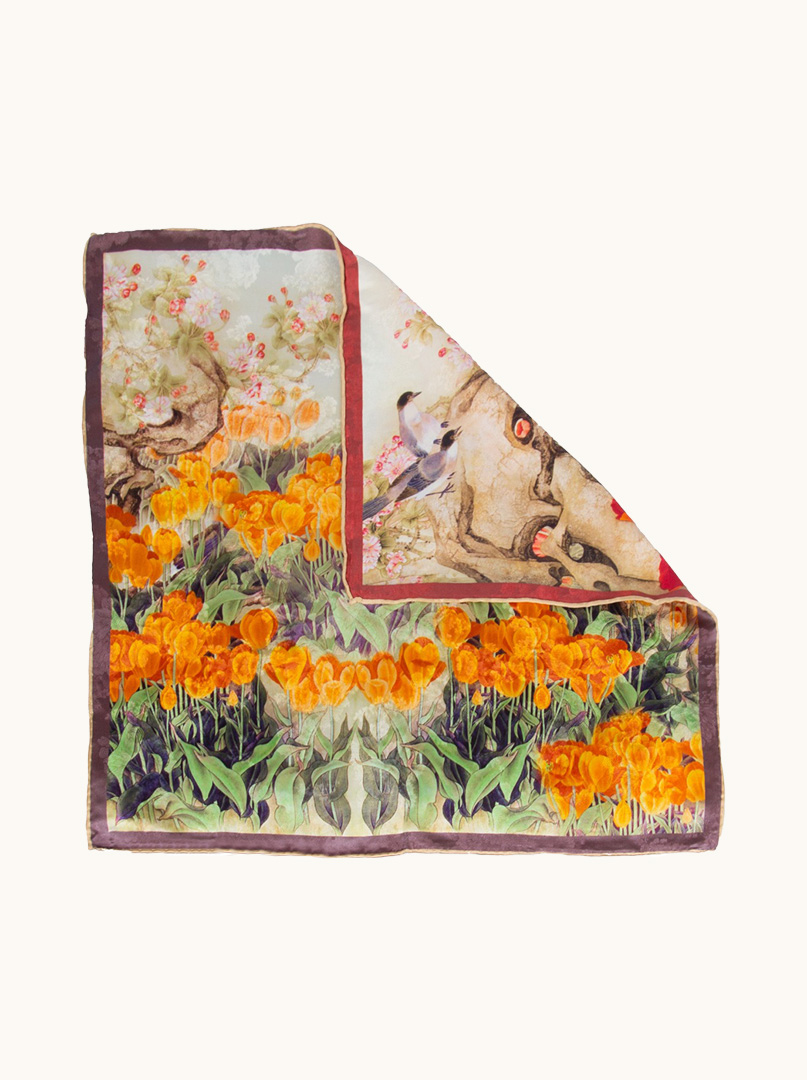 Double-sided silk scarf with tulips and oriental motif image 2