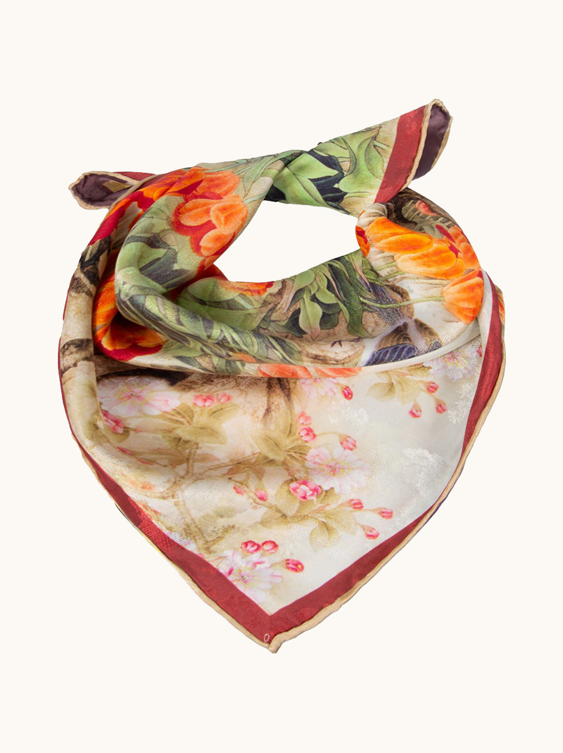 Double-sided silk scarf with tulips and oriental motif image 3