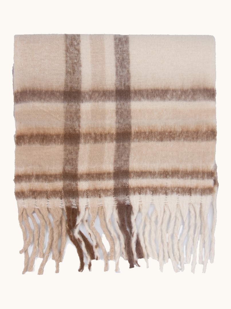Warm checkered shawl with tassels beige 55x190 cm image 2