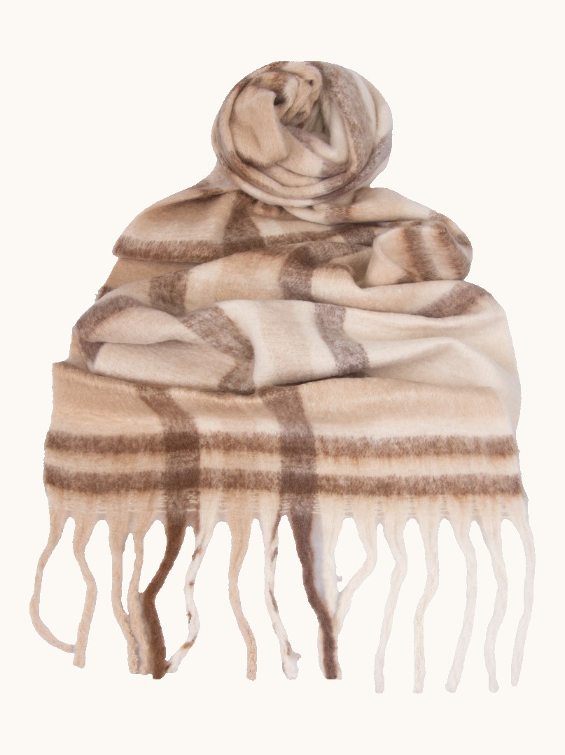 Warm checkered shawl with tassels beige 55x190 cm image 1