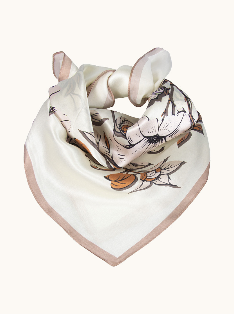 Small cream silk scarf with botanical pattern image 1