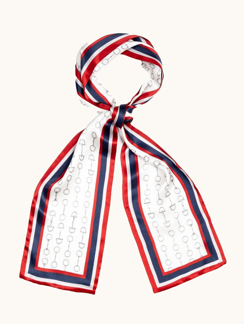 Equestrian style red and navy blue silk shawl with harness motif 16cm x 145cm image 1