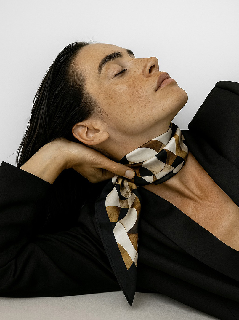 Small silk women's scarf with geometric pattern, 53 cm x 53 cm image 1